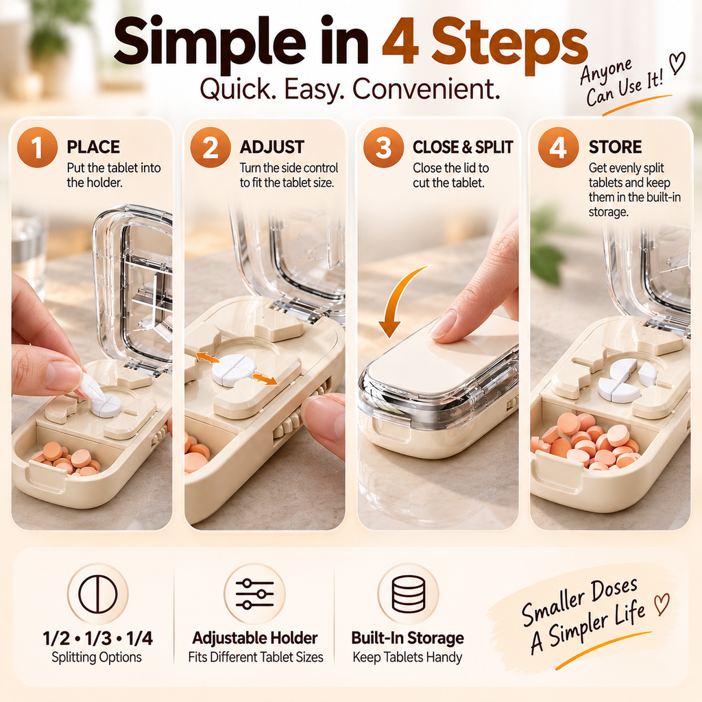 💊 3-Way Adjustable Pill Cutter & Organizer – Split Tablets into 1/2, 1/3 or 1/4