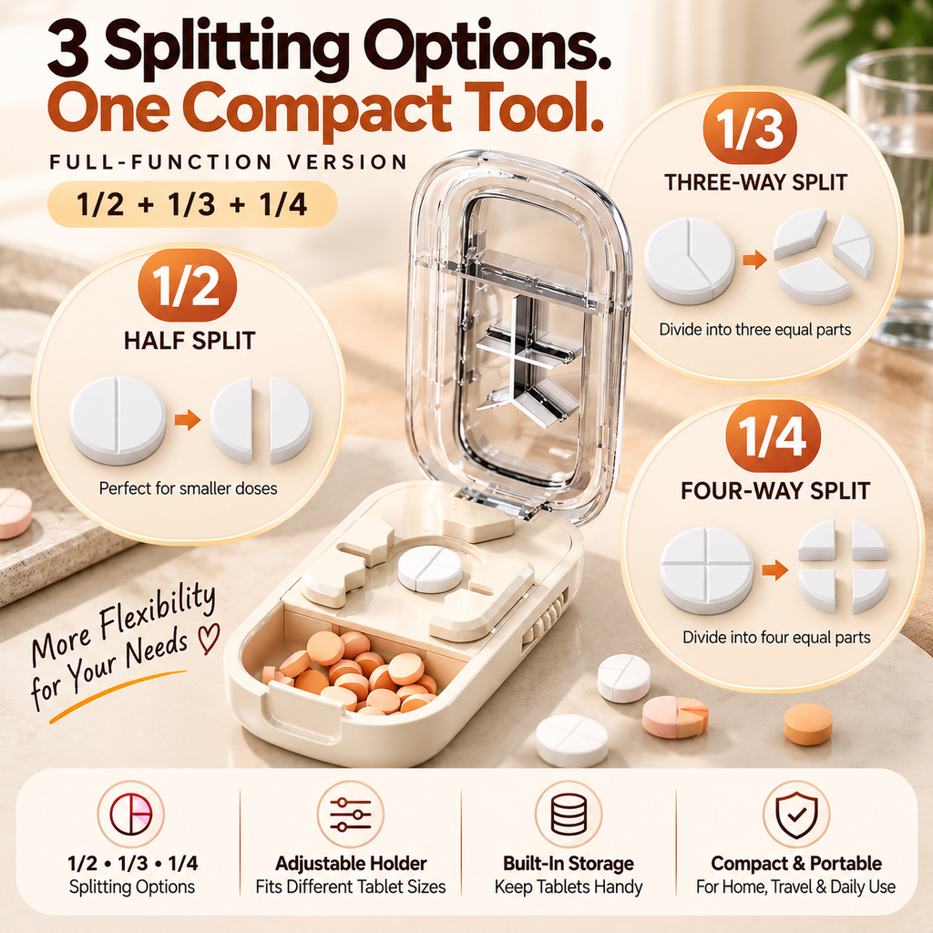 💊 3-Way Adjustable Pill Cutter & Organizer – Split Tablets into 1/2, 1/3 or 1/4