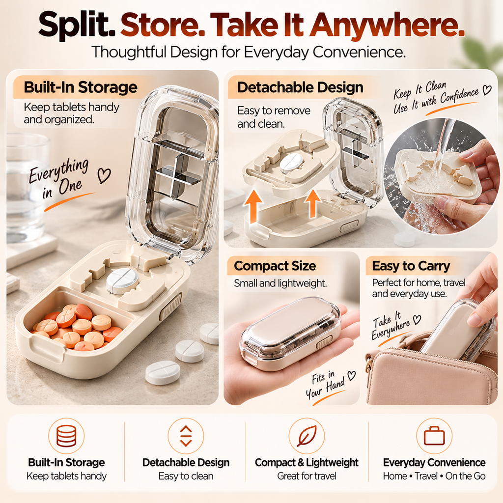 💊 3-Way Adjustable Pill Cutter & Organizer – Split Tablets into 1/2, 1/3 or 1/4