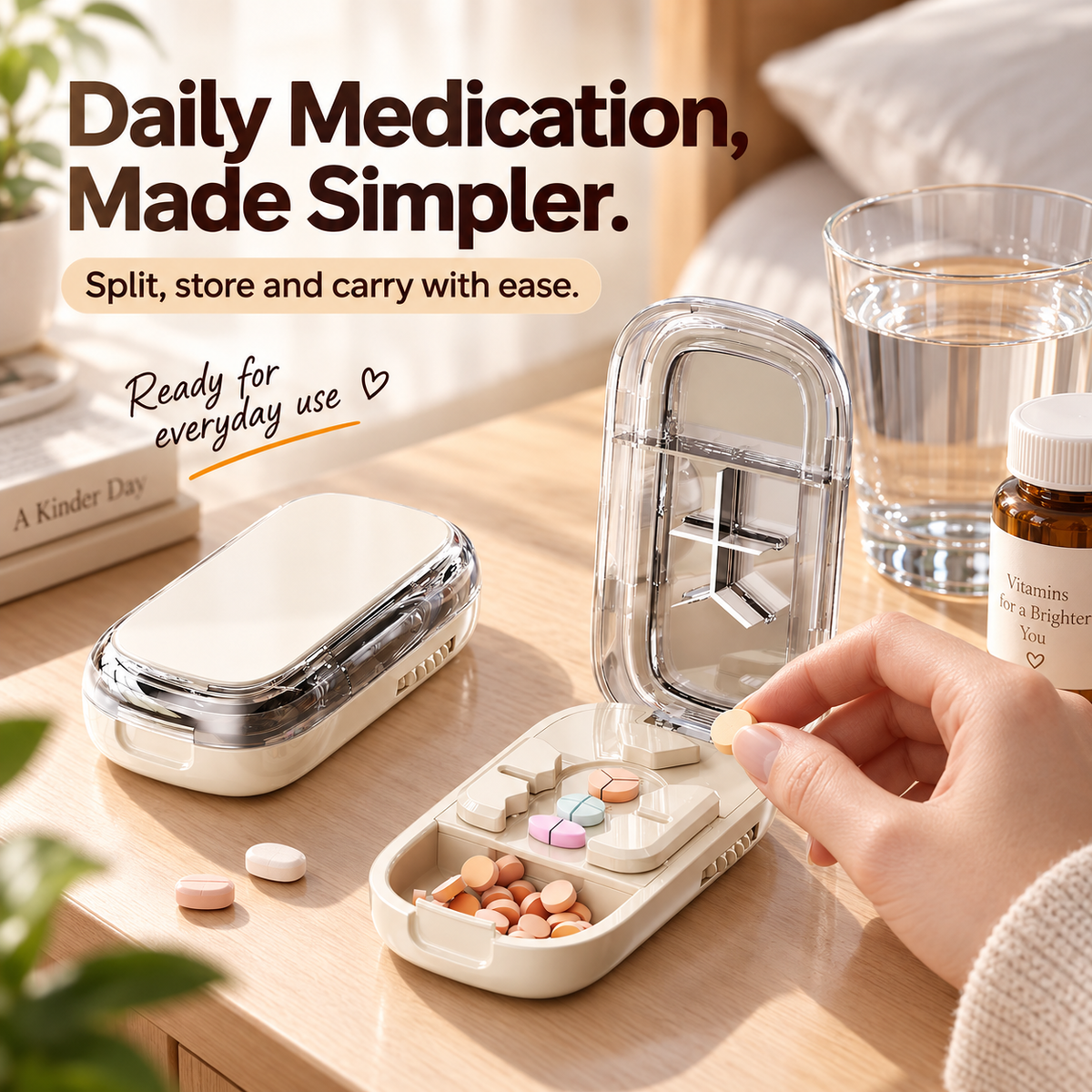 💊 3-Way Adjustable Pill Cutter & Organizer – Split Tablets into 1/2, 1/3 or 1/4