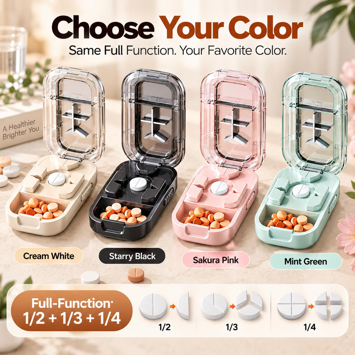 💊 3-Way Adjustable Pill Cutter & Organizer – Split Tablets into 1/2, 1/3 or 1/4