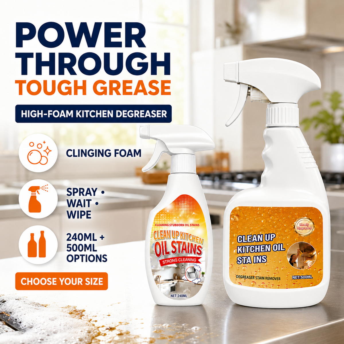 🏆 Heavy-Duty Kitchen Degreaser Spray – Fast Grease Remover 🍑